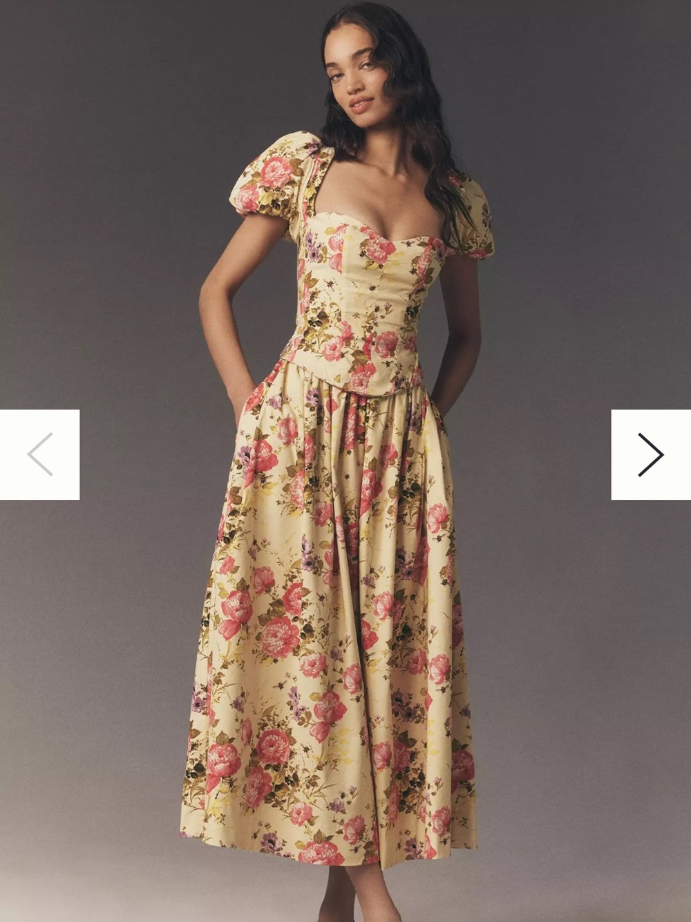 BHLDN Yellow Floral Sweetheart Midi Dress with Puff Sleeves